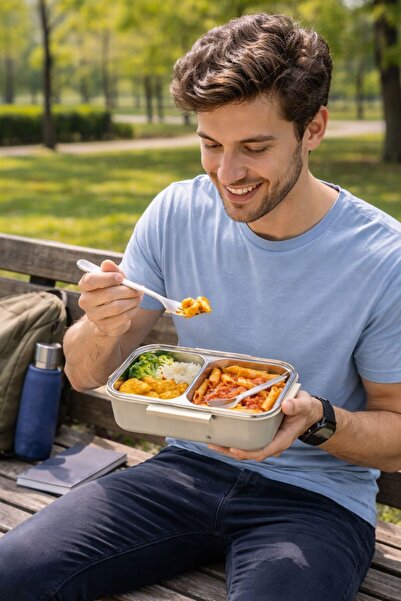 genel tr Cream Benmarili Stainless Steel Food Container 2-Compartment Lunch Box Storage Container