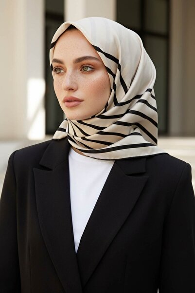 Vissona %100 Twill İpek Çizgili Desenli Krem - Siyah Renkli 90x90 Eşarp Dikim...