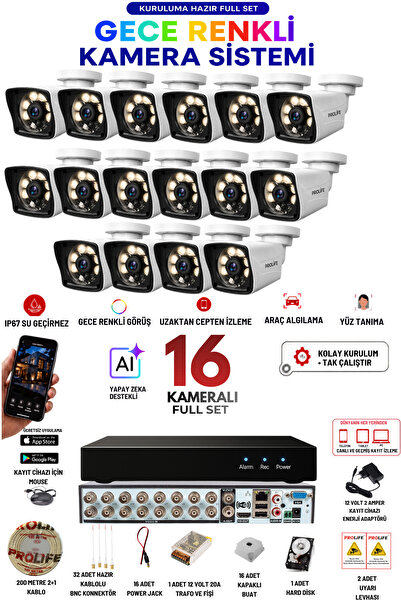 PROLİFE 16 Kameralı 5 MP Full HD Gece Renkli Yüz ve Araç Algılamalı Kuruluma ...
