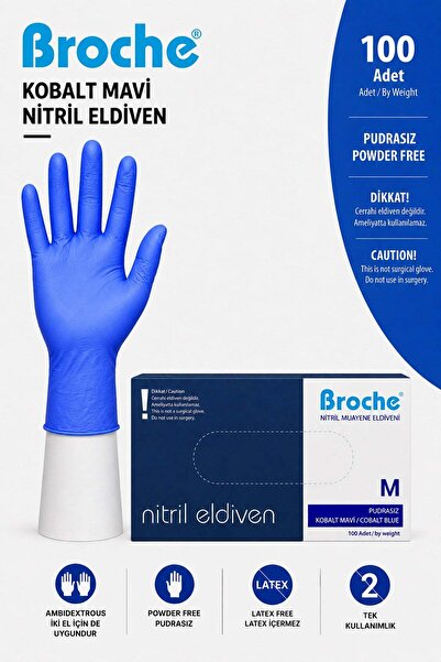 Broche TEK KULLANIMLIK PUDRASIZ NİTRİL ELDİVEN M BEDEN KOBALT MAVİ 100'LÜ