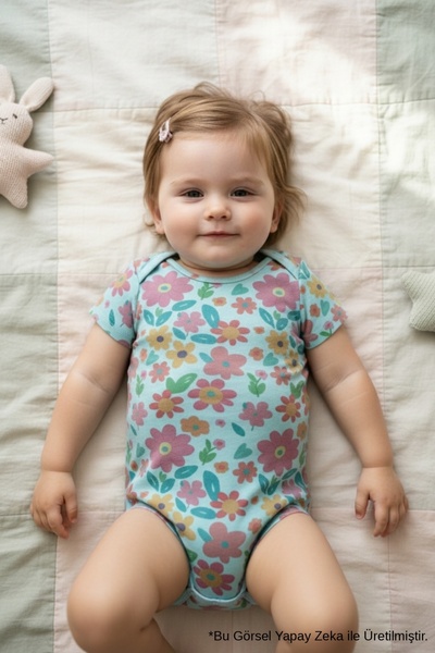 Le Mabelle Mint Floral Patterned Double Short Sleeve Baby Girl Bodysuit Set -...