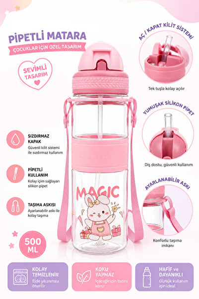 GÜZELYÜZ AVM Pipetli Şeffaf Matara 500ml | Pembe Renk Suluk Kapaklı Su Şişesi...