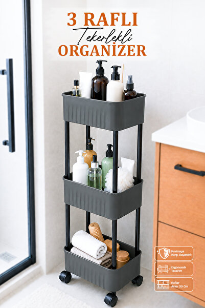 naturelove 3 Katlı Tekerlekli Tezgah Altı Banyo Mutfak Rafı Dolap Düzenleyici...