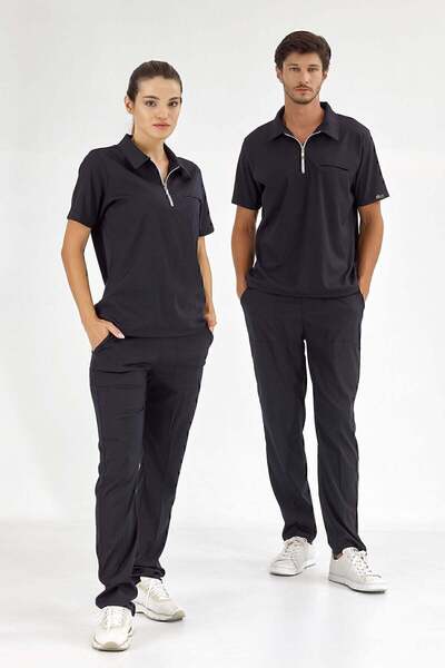 ÇİZGİ MEDİKAL Navy Blue Polo Luxury Lycra Suit High Quality Lycra Scrubs Uniform