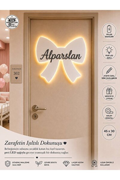 Windly Concept LED Işıklı Kişiye Özel Kurdele Kapı Süsü İsimli Bebek Odası De...