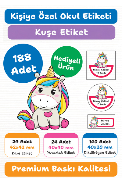 repro design Unicorn Kişiye Özel 188 Adet Okul Etiketi Kalem Defter Kitap İs...