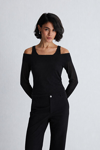 Silk and Cashmere Siyah Starlight Saf Kaşmir Yuvarlak Yaka Çift Katlı Triko