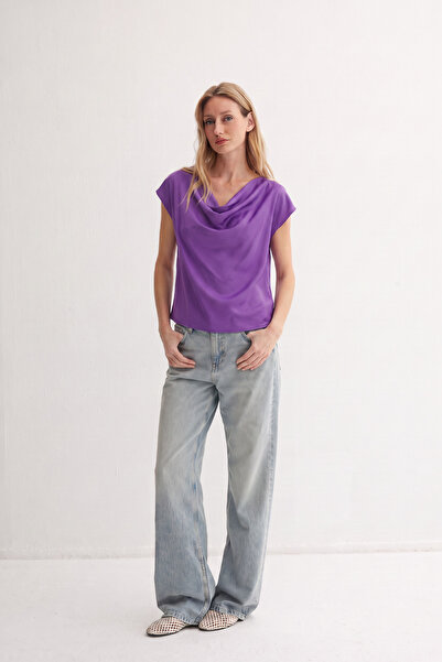 Silk and Cashmere Mor Estrella Saf İpek Degaje Yaka Kısa Kollu Bluz