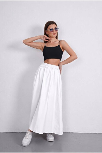 Gülmude Premium Elastic Waist Long Poplin Skirt with Floto Pocket (90cm)