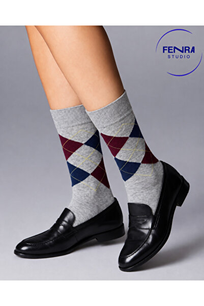 FENRA STUDIO Men's Gray Blue Baklava Patterned Cotton Classic Socks