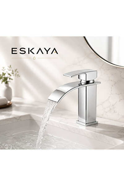 ESHOME ESKAYA Krom Şelale Tip Lavabo Bataryası Kare Kısa Pirinç Gövde Tek Kol...