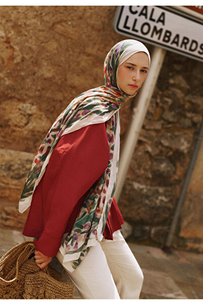 Freshscarfs Φλοράλ Σάλι Βισκόζης Ράμι με Μοτίβο Φαντασίας, Κόκκινο