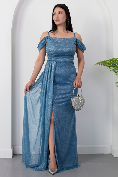 PULLIMM Low Sleeve Long Glitter Tulle Evening Dress 39433