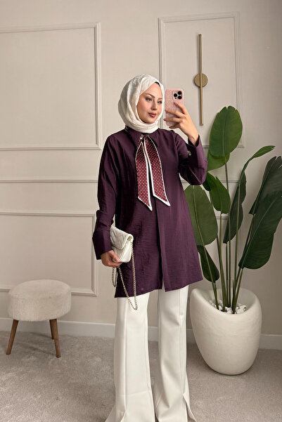 ensade تونيك بأكمام واسعة مع تفاصيل وشاح - تصميم مريح، قماش صيفي ذو ملمس مميز...
