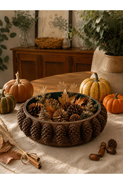 Eski Mahzen Design Handmade Decorative Bowl with Pine Cones – Pine Green Inte...
