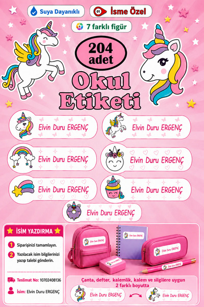 GSticker İsme Özel Okul Etiketi Kalem Defter Etiketi Erkek Çocuk Unicorn Figü...