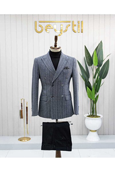 Sivri Yaka Lacivert Çizgili Kruvaze Ceket 52731 - Slim Fit