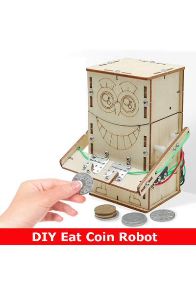 Choice Wooden Electric Powered Eat Coin Robot DIY Models & Building Toy Scien...