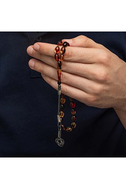 Inure Jewelry Ασημί Μικτόχρωμες Χάντρες Προσευχής από Κεχριμπάρι με Φούντες