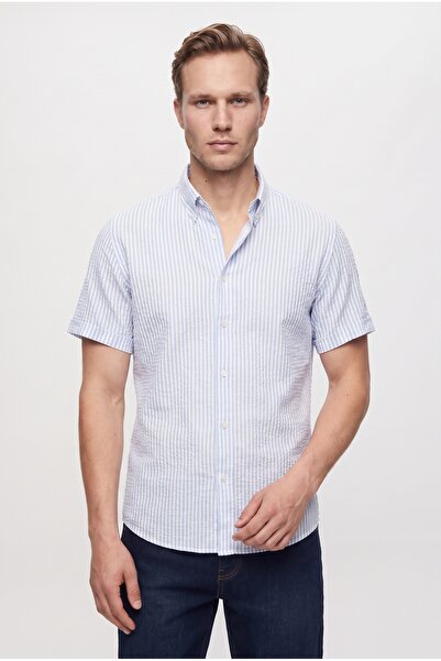 D'S Damat Ds Damat Slim Fit Mavi Gofre Kısa Kollu Gömlek