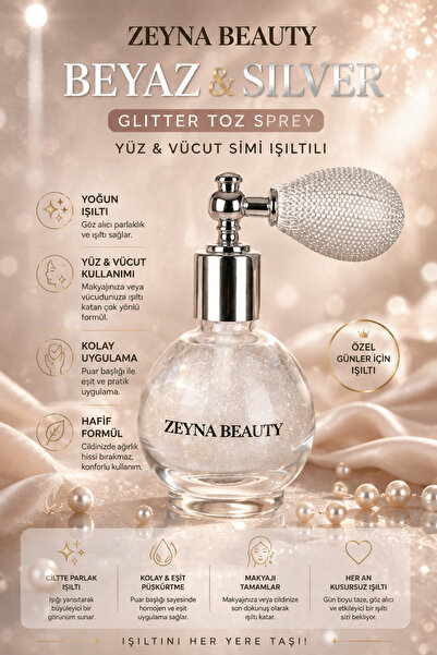 ZEYNABEAUTY Beyaz&silver Glitter Toz Sprey, Yüz Ve Vücut Simi Işıltılı