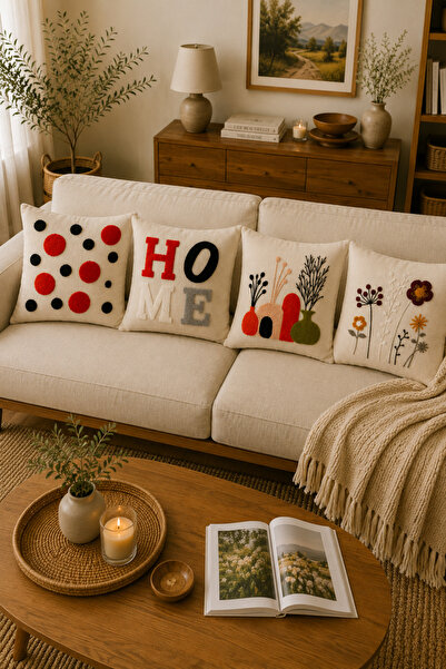 SEVMİŞ HOME 4’lü Punch Kırlent Kılıfı Seti 43x43 cm – Keten Kumaş Dekoratif K...