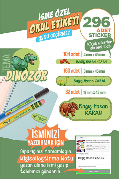 colortouch 296 ADET Dinozor Temalı Okul Etiketi Kalem Etiketi Defter Etiketi ...