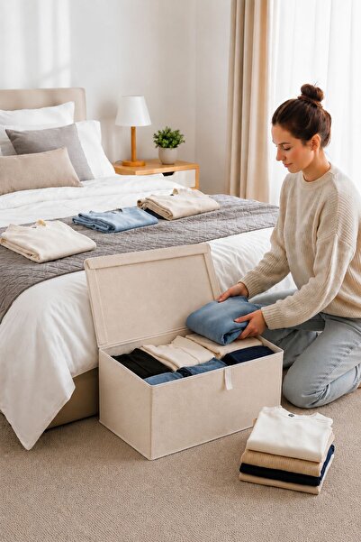 Helen's Home 3 Adet Kapaklı Çok Amaçlı Hurç Saklama Kutusu Organizer Mega Boy 60 X 40 X 30 Cm Bej