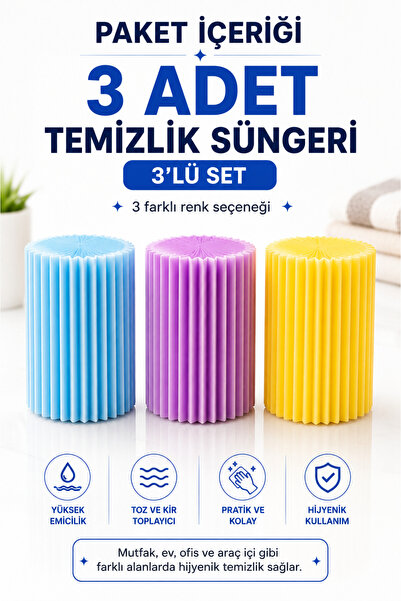 Çok Amaçlı Sihirli Sünger, Emici Oluklu Nemli Silgi ve Toz Toplayıcı (3 Adet)