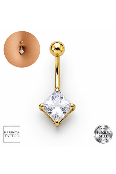 Karınca Piercing Kare Zirkon Taşlı Göbek Piercing Cerrahi Çelik Gold veya Güm...