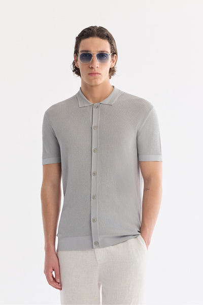 Avva Men's Gray Polo Neck Button-Front Regular Fit Knitwear T-Shirt A61Y5017