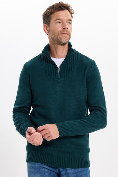 Tudors Men's Slim Fit Slim Fit Dobby Zippered Green Stand Collar Knitwear Swe...