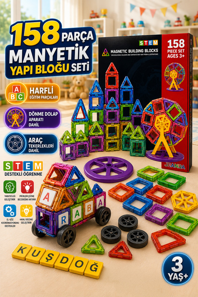 indirimsevinci 158 Parça Manyetik Blok Seti STEM Eğitici Oyuncak Manyetik Yap...