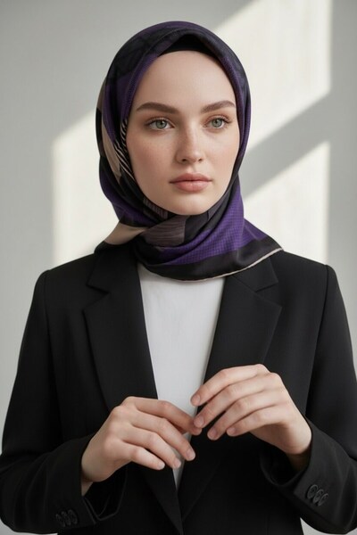 Vissona %100 Twill İpek Geometrik Desenli Mor - Siyah Renkli 90x90 Eşarp Diki...