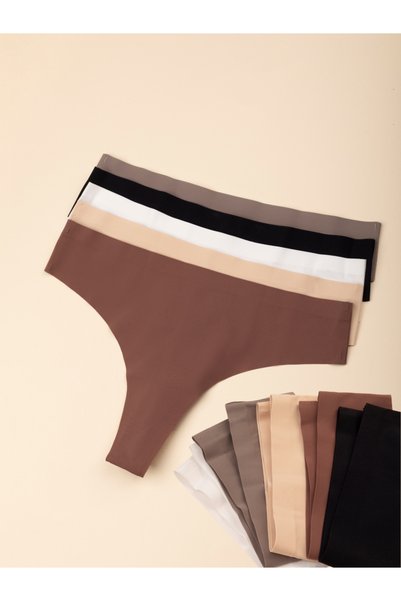 DUNIPA Set de 5 perechi de chiloți tanga de damă, fără cusături, tăiați cu laser, invizibili, din microfibră, Multicolor (Negru, Kaki, Maro, Bej, Alb-murdar)