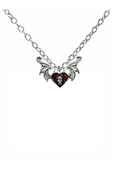 Herşey Nota Kırmızı Yarasa Kanatlı Skull Heart Unisex Gotik Kolye – Aşkın Kar...