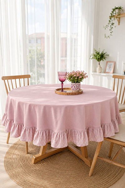 KaiHome Rosy Keten Fırfırlı Yuvarlak Masa Örtüsü 100X100CM