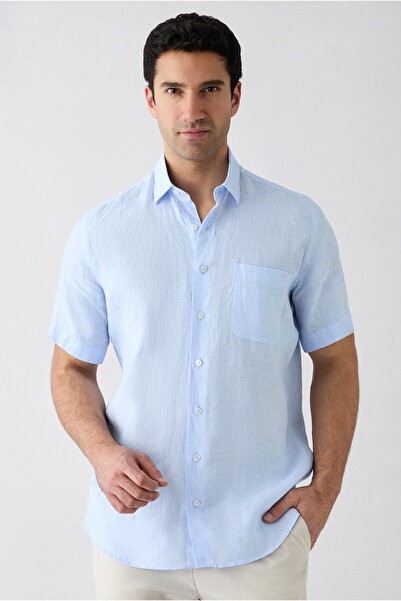 Kiğılı Short Sleeve Regular Fit Striped Pocketed 100% Linen Shirt