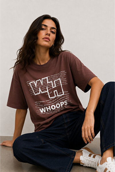 DI LORIA Γυναικείο καφέ μπλουζάκι με στάμπα Lycra Crew Neck (95% βαμβάκι)