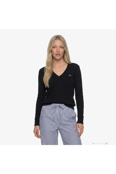 Gant Kadın Siyah Slim Fit V Yaka Kazak