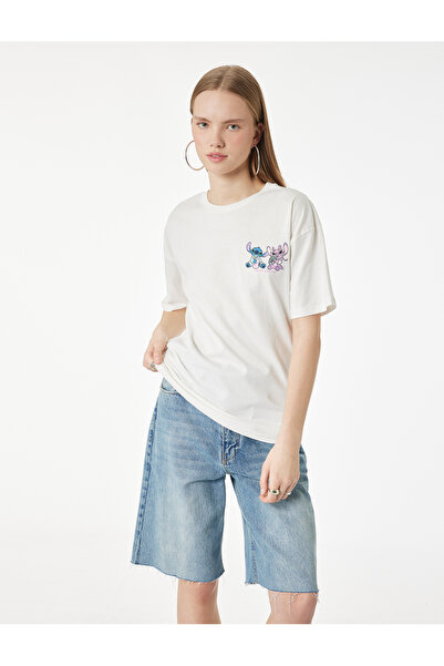 Koton Stitch Lisanslı Ekru Kadın T-Shirt 6SAL10086IK