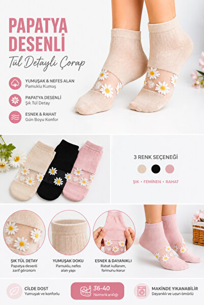UZN SOCKS 3 ÇİFT Kadın Papatya Desenli Transparan Çorap – İnce File Detaylı Y...