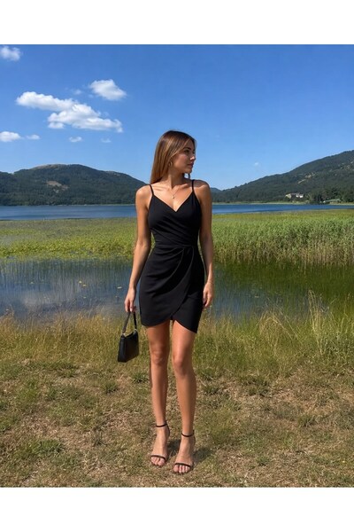 Modafeminen Black Rope Strap Double Breasted Collar Drape Detailed Mini Dress...