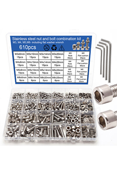 Choice 610Pcs 610Pcs M3 M4 M5 M6 Stainless Steel Bolt and Nut Set, Hex Socket...