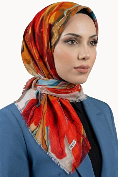 hadiora Women's Red Orange Abstract Patterned Cotton Flared Scarf