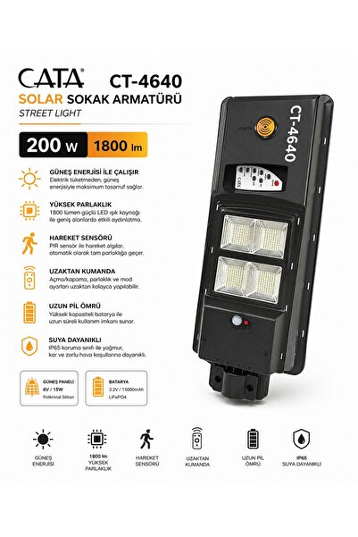 cesaa elektirik Ct-4640 200 Watt KUMANDALI Fotoselli Solar Sokak Lambası SOKA...