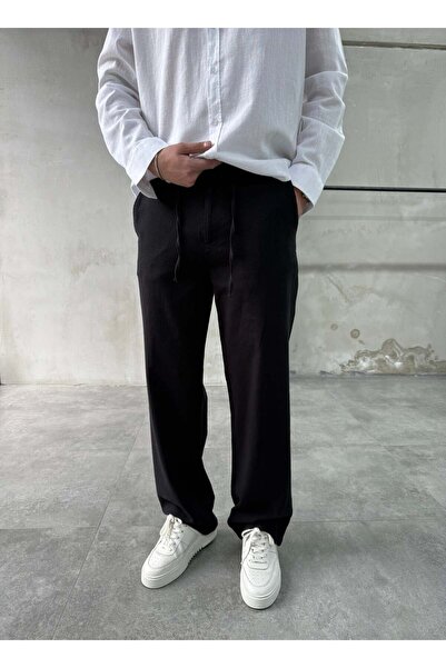 DIFRANSEL JEANS Λινό βαμβακερό μαύρο φαρδύ παντελόνι