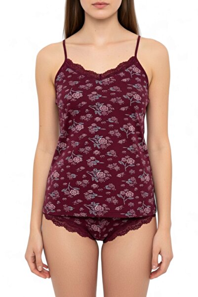 hadiora Women's Burgundy Floral Patterned Lace Rope Strap Athlete Panties Set