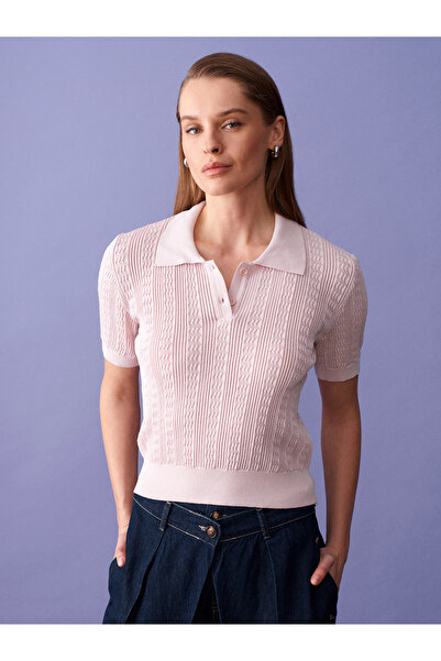 Dilvin 10781 Πλεκτό πουλόβερ με γιακά πόλο και διάτρητο σχέδιο - Πούδρα