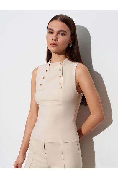 Dilvin 50541 Μπλούζα με λεπτομέρειες στα κουμπιά - Μπεζ